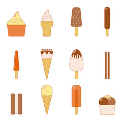Line vector illustration of set of various types of ice cream including frozen yogurt, gelato, soft serve, waffle cones, popsicles and other. Isolated on white background.