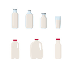 Flat vector illustration set of milk, kefir in different plastic packages and bottles. Isolated on white background.