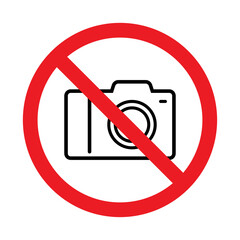 No photography, No camera sign, Taking pictures not allowed, Prohibition symbol sticker for area places, Isolated on white background, Thin line design vector illustration