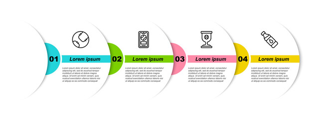 Set line Baseball ball, Mobile with baseball, Award cup and Bottle of water. Business infographic template. Vector