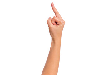 Female hand showing middle finger gesture, isolated on white background. Beautiful hand of woman with copy space.
