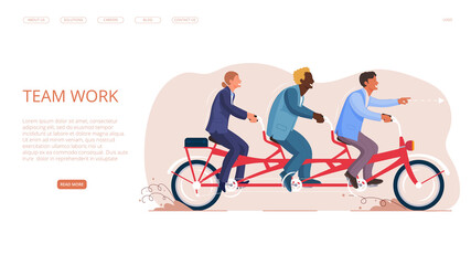 Fototapeta premium Teamwork people riding on tandem bike vector banner