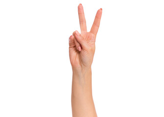 Female hand showing 2 fingers or Victory gesture, on white. Hand of woman with copy space. Hand doing gesture of number Two. Count from 1 to 5.