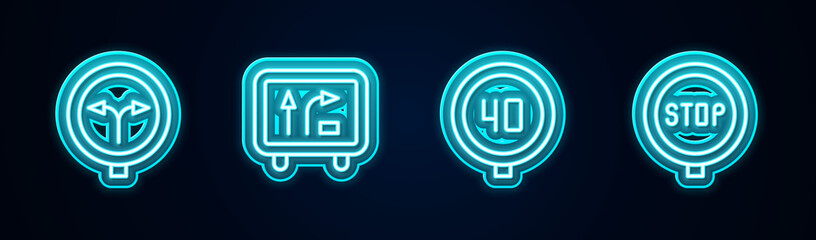 Set line Fork in the road, Road traffic sign, Speed limit and Stop. Glowing neon icon. Vector