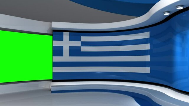 Greek flag background. TV studio. News studio. Loop animation. Background for any green screen or chroma key video production. 3d render. 3d 