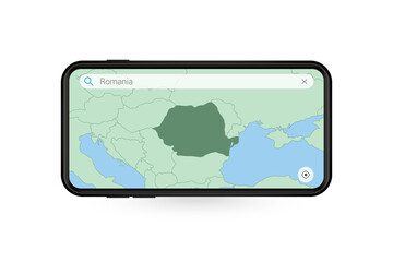 Searching map of Romania in Smartphone map application. Map of Romania in Cell Phone.