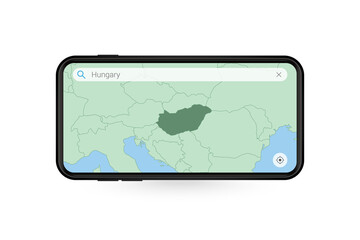 Searching map of Hungary in Smartphone map application. Map of Hungary in Cell Phone.
