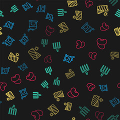 Set line Manual coffee grinder, Garden pitchfork, Agriculture wheat field and Beans on seamless pattern. Vector