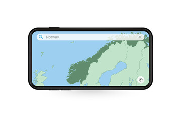 Searching map of Norway in Smartphone map application. Map of Norway in Cell Phone.