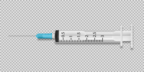 Obraz premium Realistic medical disposable syringe with needle. Applicable for vaccine injection, vaccination. Vector illustration.