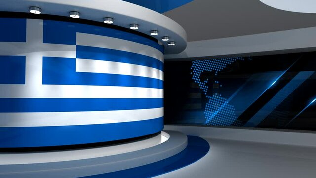 Greek flag background. TV studio. News studio. Loop animation. Background for any green screen or chroma key video production. 3d render. 3d 
