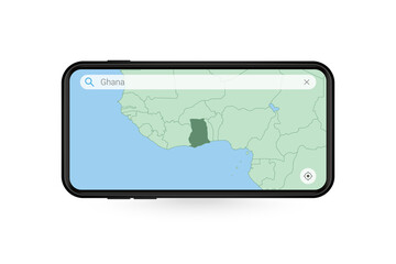 Searching map of Ghana in Smartphone map application. Map of Ghana in Cell Phone.