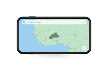 Searching map of Burkina Faso in Smartphone map application. Map of Burkina Faso in Cell Phone.