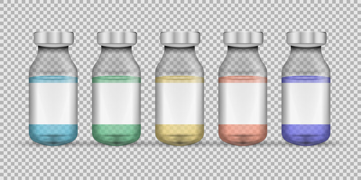 Set of transparent glass medical vials. Vector illustration.