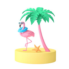 Tropical island with palm tree and funny pink flamingo isolated on white. Cclipping path included