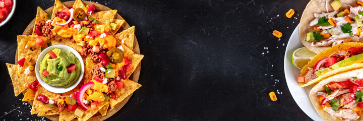 Mexican food banner for a restaurant menu. Top shot of nachos and tacos