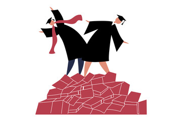 Two young characters in robes and a tasseled hat stand on a mountain of books. Colorful vector illustration on a white isolated background. University graduates. Holiday design for poster, postcard.