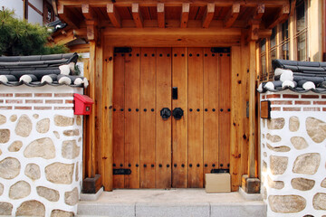 The gate of a hanok with a handle. in Seoul, South Korea. Feb. 9, 2021