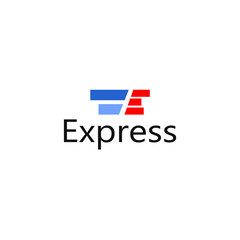 abstract letter E logo and two blue squares next to it