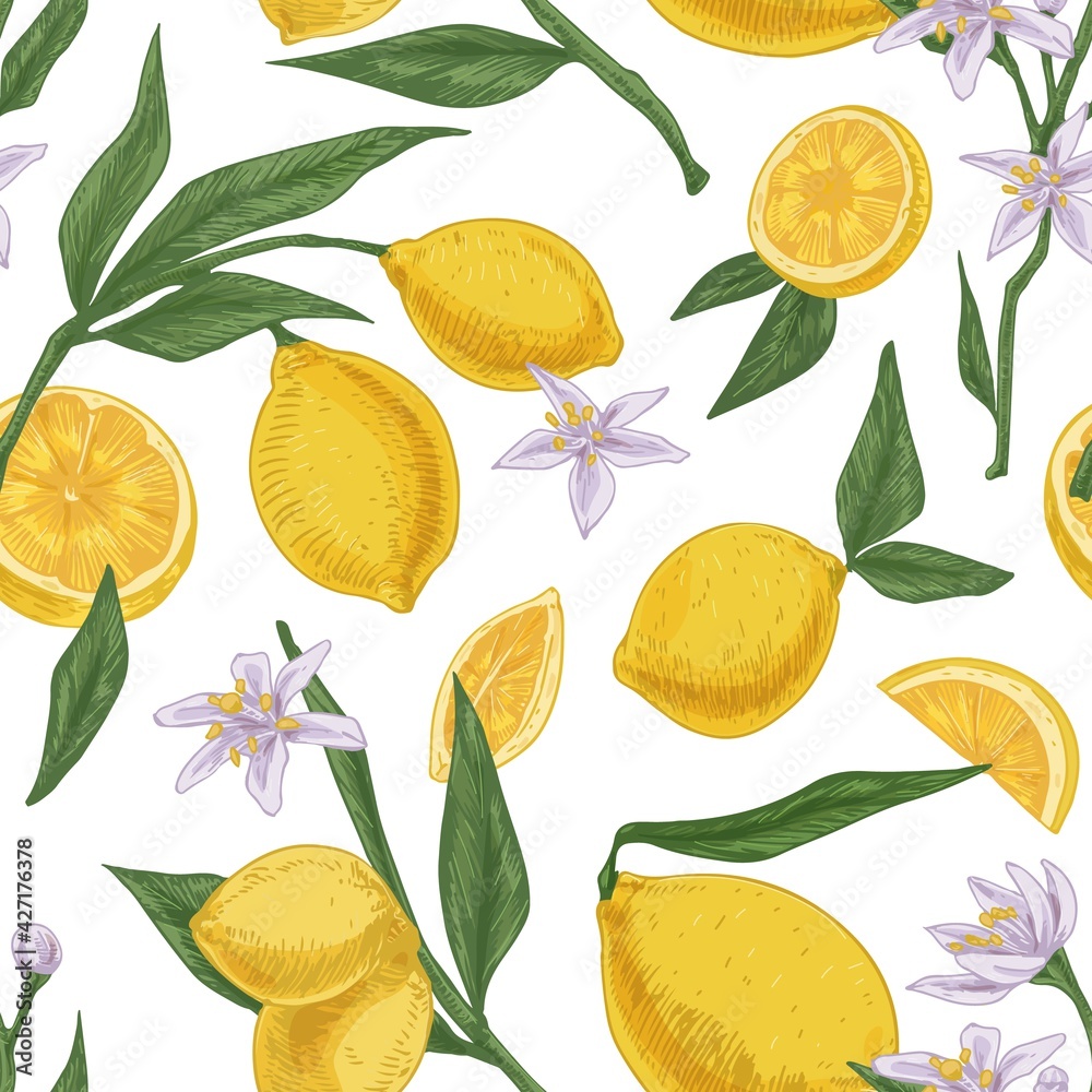 Leinwandbilder seamless citric pattern with citrus fruits, flowers and leaves of blooming lemon tree on white repea