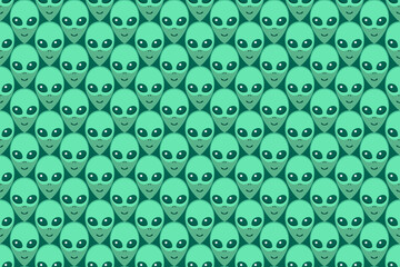 Seamless pattern with Aliens green heads. UFO, Humanoids endless backdrop isolated. Smiling visitors, Martians. Vector illustration, wallpaper on theme of space, conspiracy theory, Sci-fi, fantastic