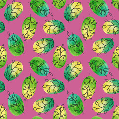 Seamless pattern with branches and watercolor spots. Pink background. The branches are hand-drawn.