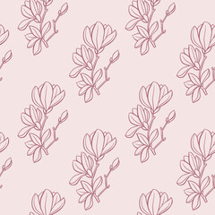 Magnolia seamless pattern. Outline magnolia flowers. Vector illustration.