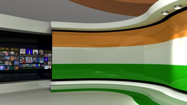 TV studio. Orange, white and green lines. News studio. Background for any green screen or chroma key video production. 3d render. 3d 