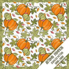 Ripe pumpkin. Autumn seamless pattern. Juicy and bright in grassy green and orange colors. For fabric, packaging, designer paper, and wallpaper.