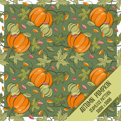 Ripe pumpkin. Autumn seamless pattern. Juicy and bright in grassy green and orange colors. For fabric, packaging, designer paper, and wallpaper.