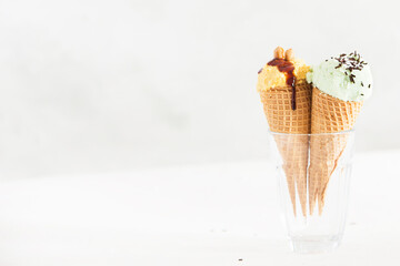 Ice cream with vanilla , chocolate and strawberry