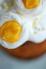 On a gray wooden table and Easter cake, sweet table for the holiday, Easter holiday, Easter decor. High quality photo.