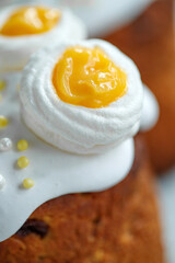 On a gray wooden table and Easter cake, sweet table for the holiday, Easter holiday, Easter decor. High quality photo.