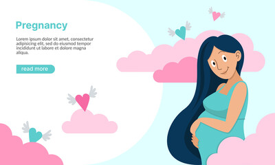 Pregnancy banner, pregnant woman, clouds, heart vector illustration in flat cartoon style
