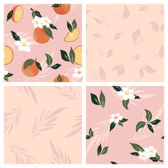 Set of Tropical seamless pattern with oranges, flower, leaf, dots on pink background. Simple trendy fruit repeated background. Vector exotic design
