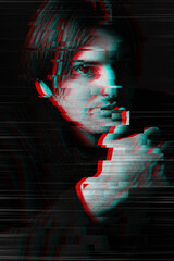 glitch effect on a black and white portrait of a man