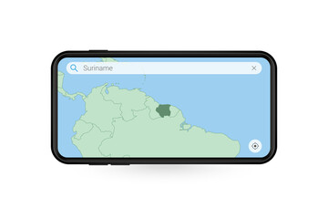 Searching map of Suriname in Smartphone map application. Map of Suriname in Cell Phone.