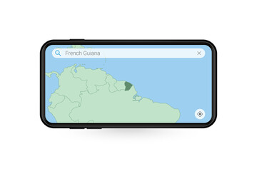 Searching map of French Guiana in Smartphone map application. Map of French Guiana in Cell Phone.