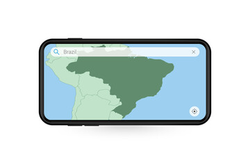 Searching map of Brazil in Smartphone map application. Map of Brazil in Cell Phone.