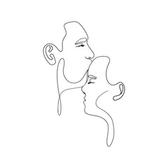 Love couple kiss line art. Minimalist man and woman faces, continuous linear drawing. Vector abstract illustration