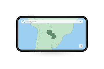 Searching map of Paraguay in Smartphone map application. Map of Paraguay in Cell Phone.