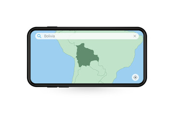 Searching map of Bolivia in Smartphone map application. Map of Bolivia in Cell Phone.