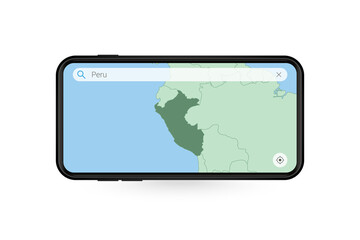 Searching map of Peru in Smartphone map application. Map of Peru in Cell Phone.