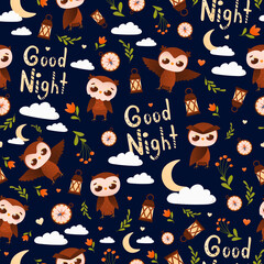 Good night seamless pattern with childish cute animal character owl on dark background, lanterns and flowers