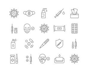 Medical line icons. Coronavirus treatment vaccine outline set, clinic stage trial concept. Vector illustration