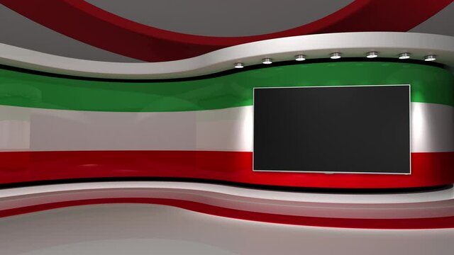 TV studio. Iran. Iranian flag. News studio.  Loop animation. Background for any green screen or chroma key video production. 3d render. 3d 