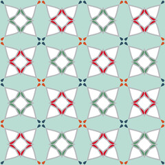 Fototapeta premium Seamless pattern. Abstract four-sided shapes containing the outline of the leaves. Green, white, orange, gray, blue, red.