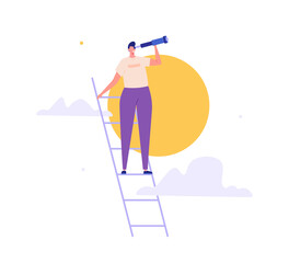 Fototapeta premium Man with a spyglass stands on the stairs. Concept of career success, motivation, achieving goals, dreaming, making plans, business. Vector illustration in flat design.