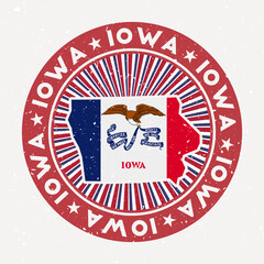 Iowa round stamp. Logo of us state with state flag. Vintage badge with circular text and stars, vector illustration.