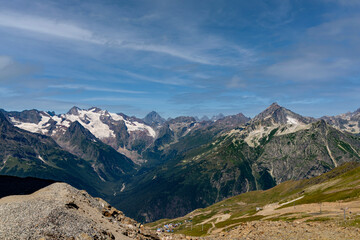 Dombay mountain peaks in summer. Karachay-Cherkessia. Russia